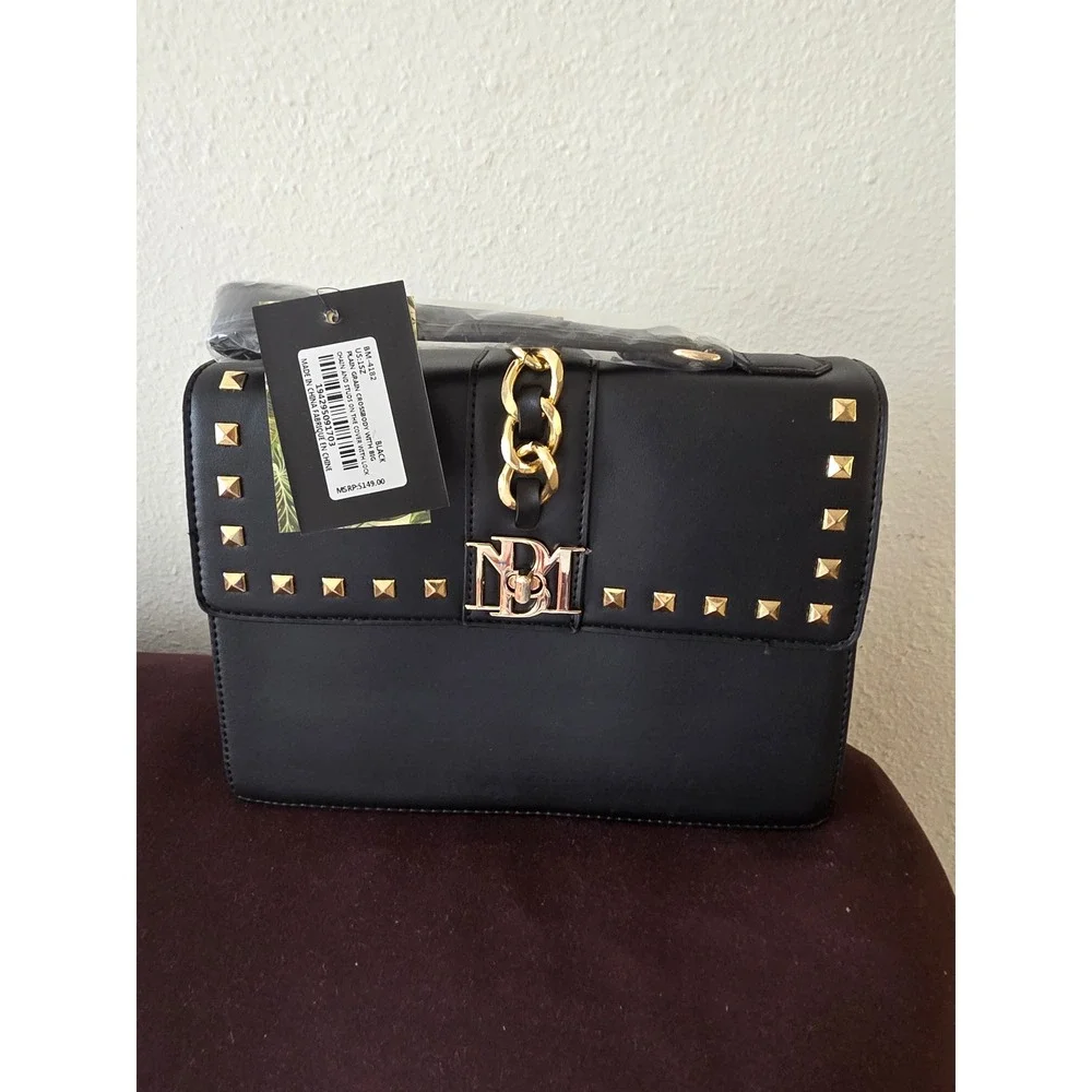 Badgley Mischka Black Vegan Leather Studded Crossbody Bag BM-4182 New